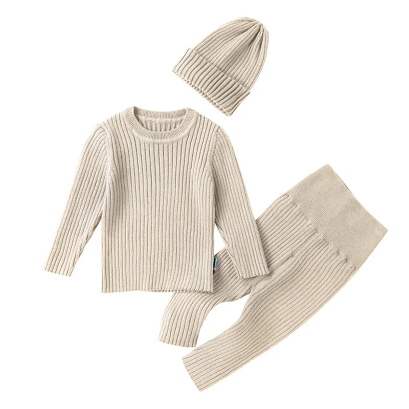 Newborn Baby Girls Boys Clothing Set Long Sleeved Solid Color Knitted Pullover+Pants+Hat Autumn Baby Girls Knitted Clothes Suit