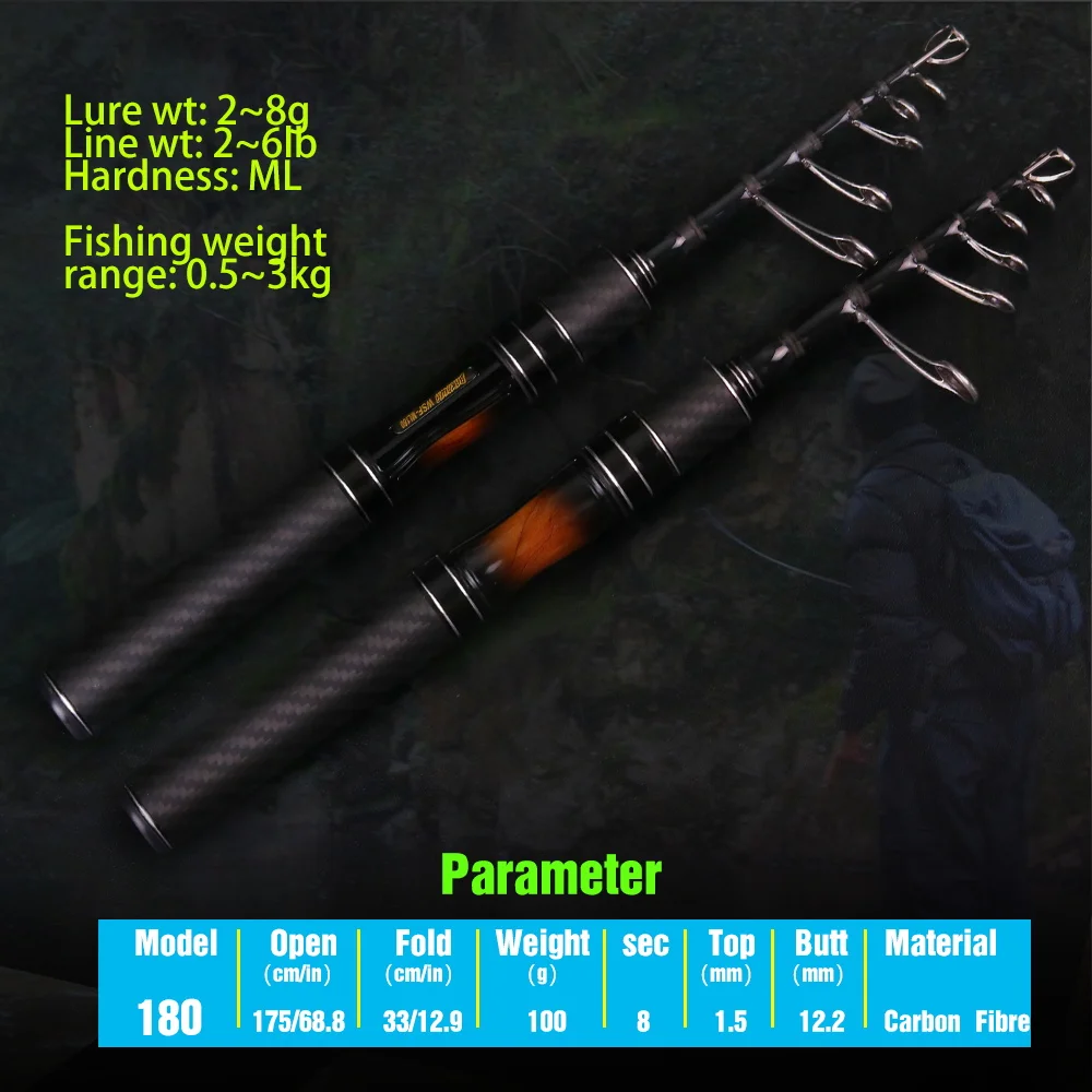 BAKAWA 180 Medium Light Telescopic Lure Rod Travel Carbon Handle Solid carbon tip Fishing Rod ML Portable Fishing Rod