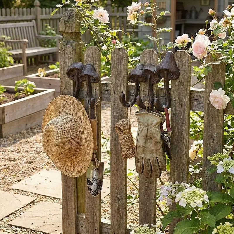 Cast Iron Mushroom Shaped Wall Hooks Rustic Vintage Heavy Duty For Outdoor Garden Patio Storage
