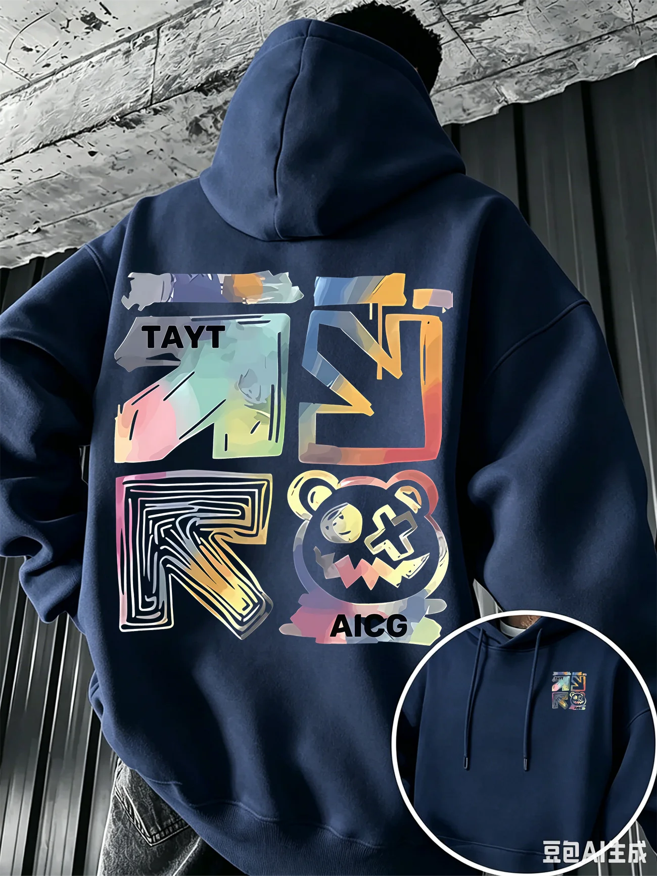 Men's Autumn/Winter Loose-fitting Thick Fleece Hooded Sweatshirt with Aesthetic Color Gradient Graffiti Teddy Bear Print