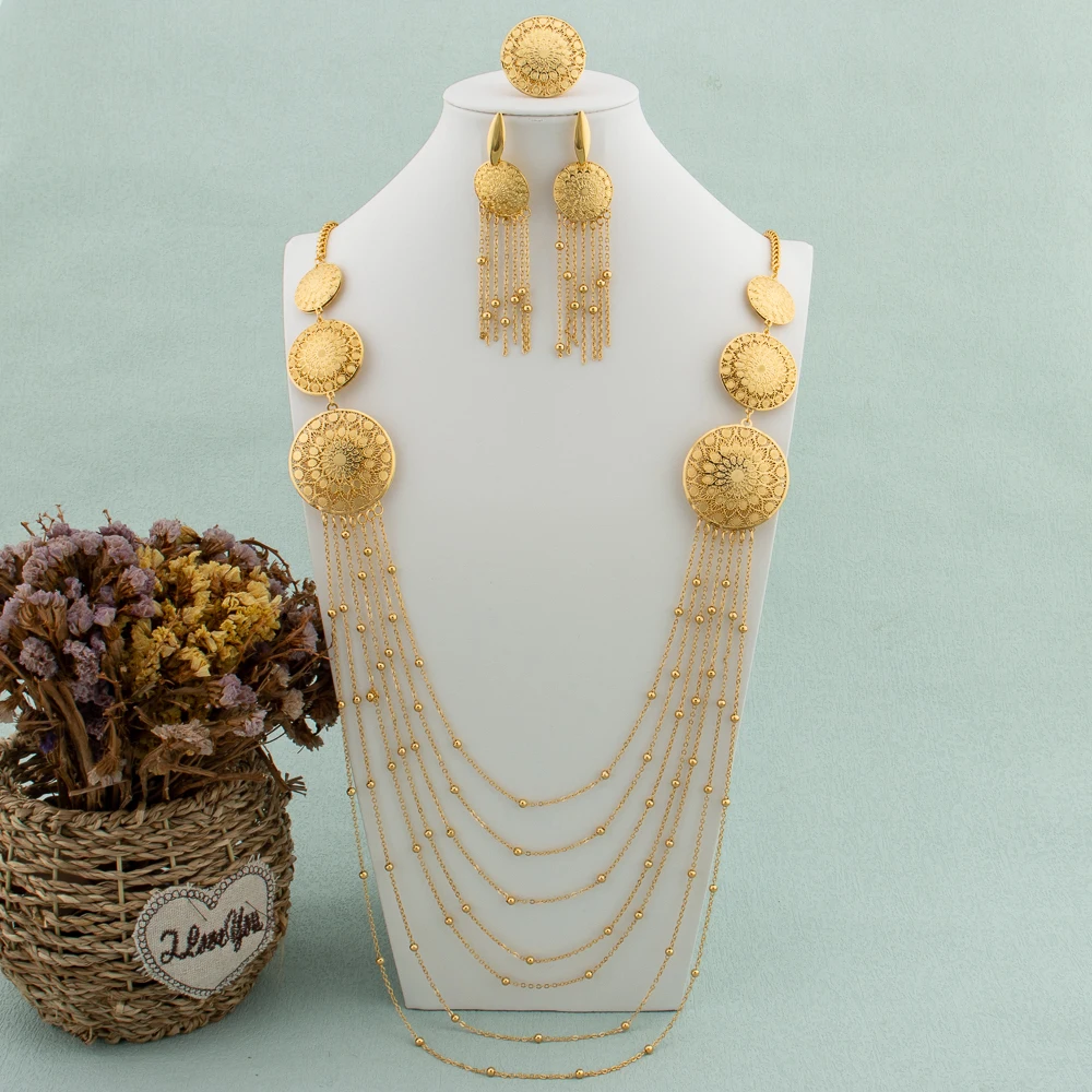 Trend 18K Gold Color Jewelry Set For Women Dubai African Long Chain Tassels Earrings Ring Fashion Necklace Wedding Bride Jewelry