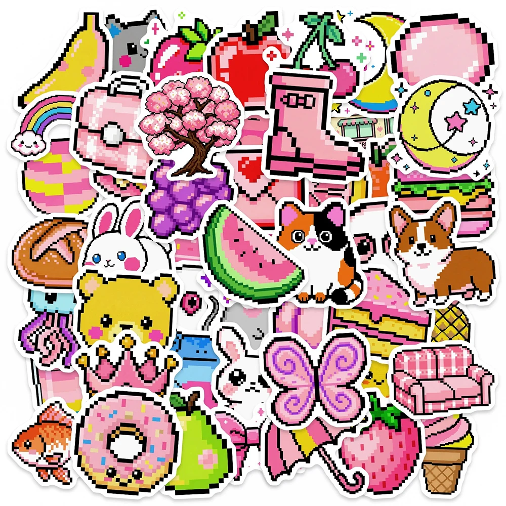 

10/30/50pcs Cartoon Pink Pixel Aniaml Food Graffiti Stickers DIY Stationery Luggage Phone Notebook Bike Cute Sticker Fun for Toy