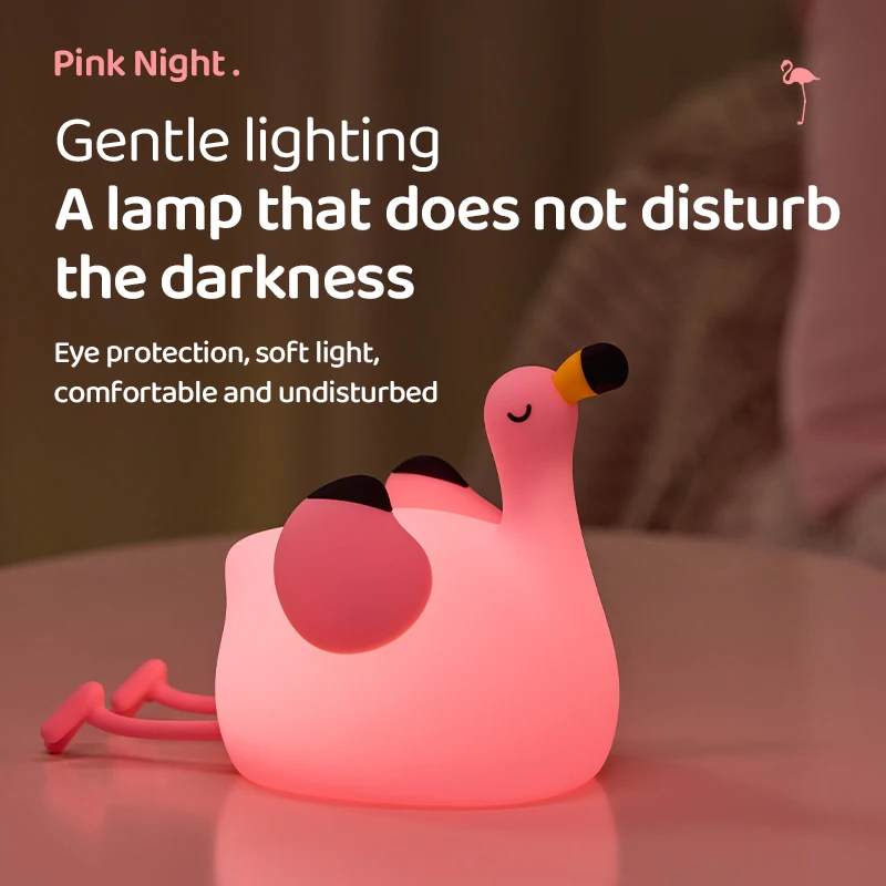 Pink Flamingo Night Light Rechargeable LED Romantic Atmosphere Light Three Levels of Brightness Adjustment Bedroom Bedside Lamp