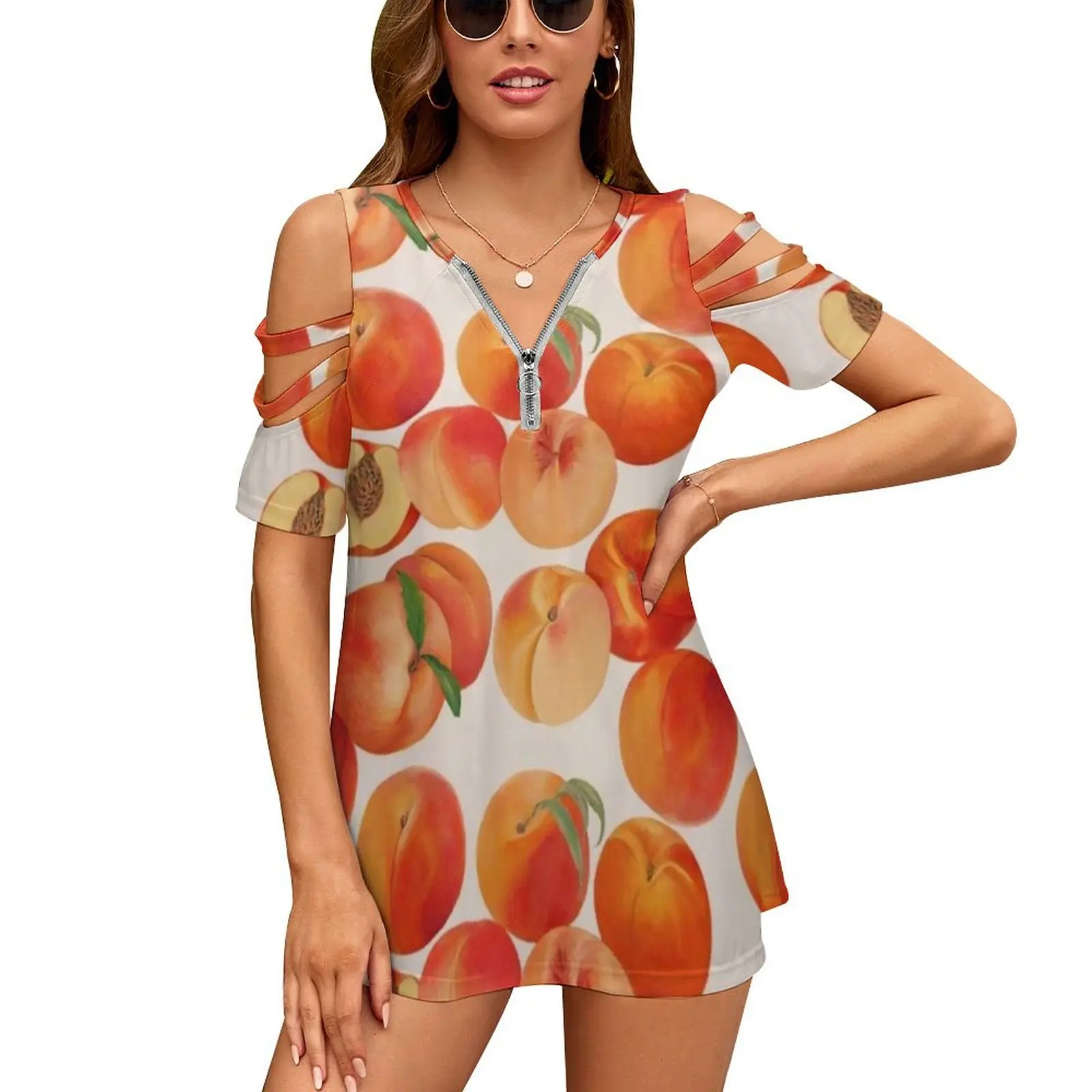 Peaches , Nectarines , Tropical Fruit Women Zipper Various styles Printed T Shirts Tops Full Print T-Shirt Kitchen Art Fruit