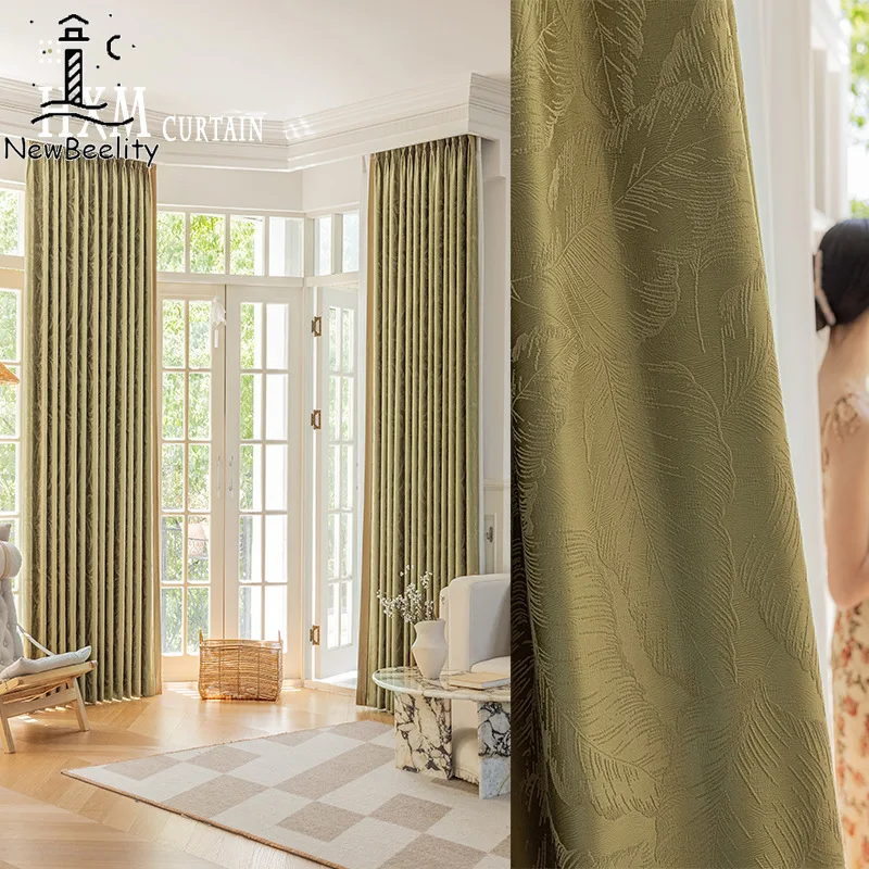 

Modern Leaf Jacquard Cotton and Linen Chenille Cream French Curtains Thickened Blackout Living Room and Bedroom New Custom Cloth