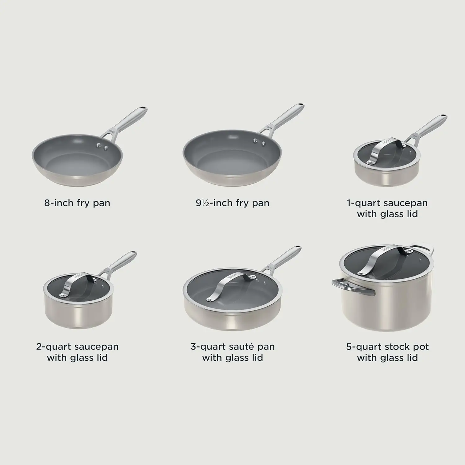 Ninja Neverstick Ceramic Pro,Non-Stick Pots & Pans Set With Glass Lids, Ptfe Free, Ceramic Coated, Stainless Steel, Stove To