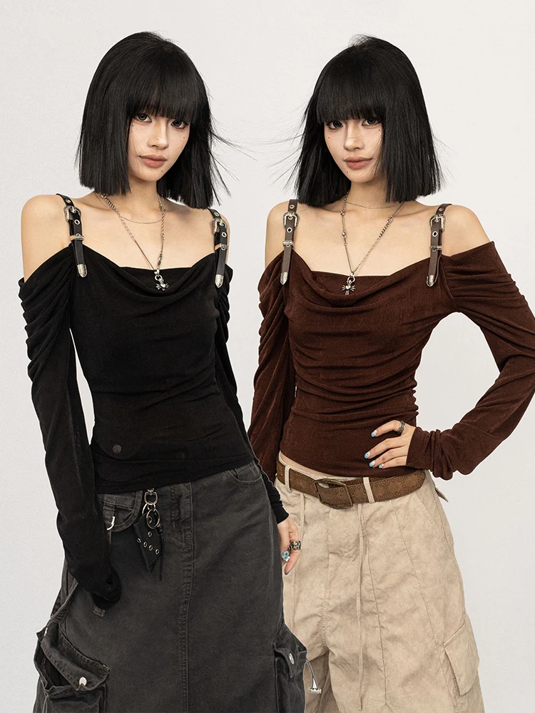 

OCTTFLAB Женская облегающая футболка с одним открытым плечом и длинным рукавом в американском ретро-стиле, черная, из смесового полиэстера и спандекса