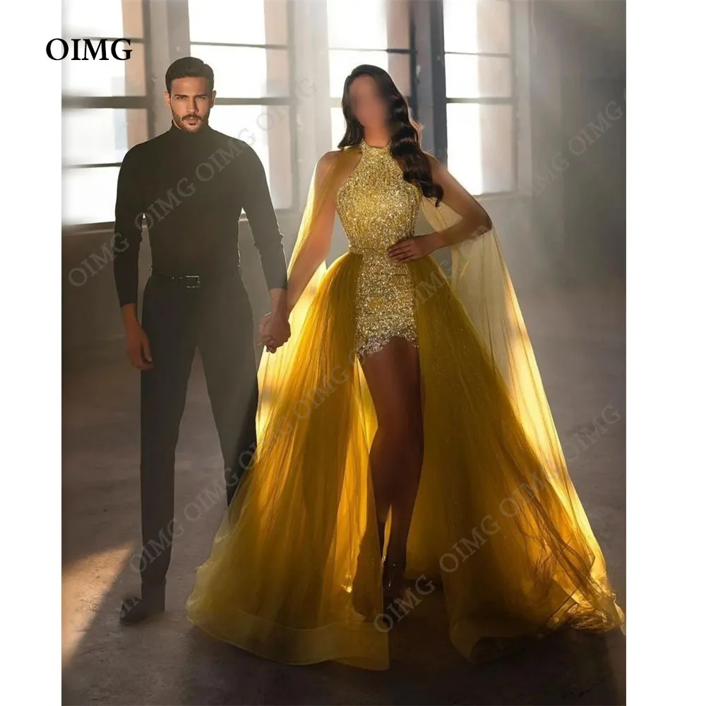 

OIMG Sparkly Yellow Beading Sequined Prom Dresses Sleeveless Cocktail Short Evening Gowns Saudi Arabic Party Dress Dubai