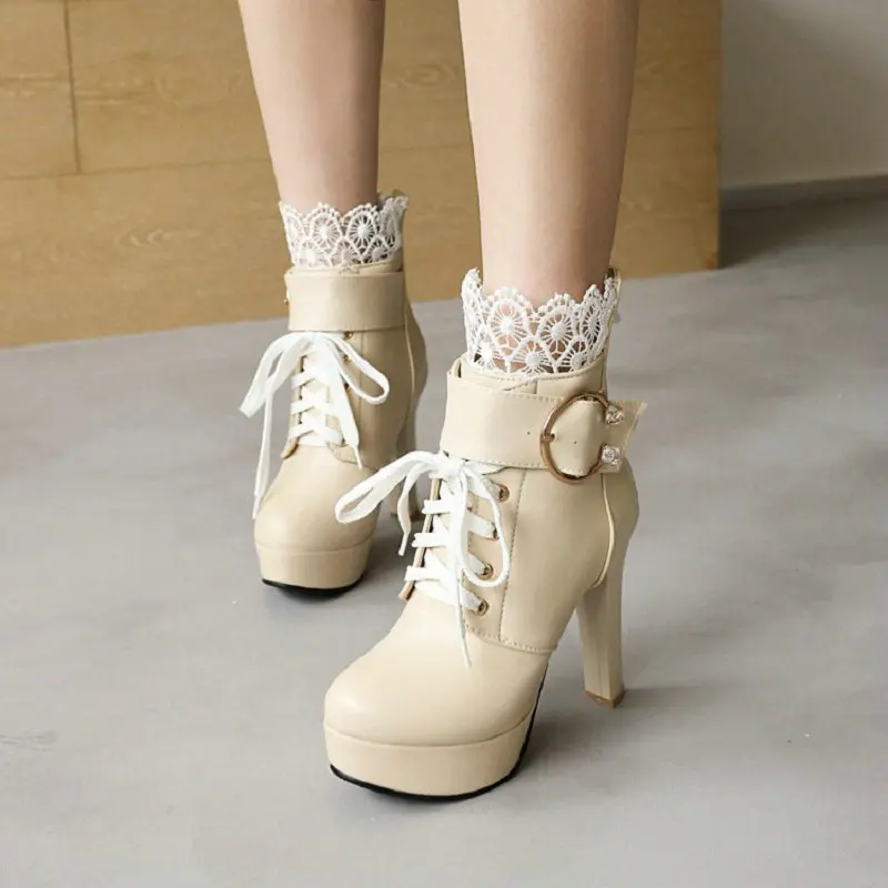 

QPLYXCO Winter Sexy Lady Shoes Wedding Bride Pumps Lace Borders Lace-up Big Buckle Strap Platform High Heels Ankle Boots