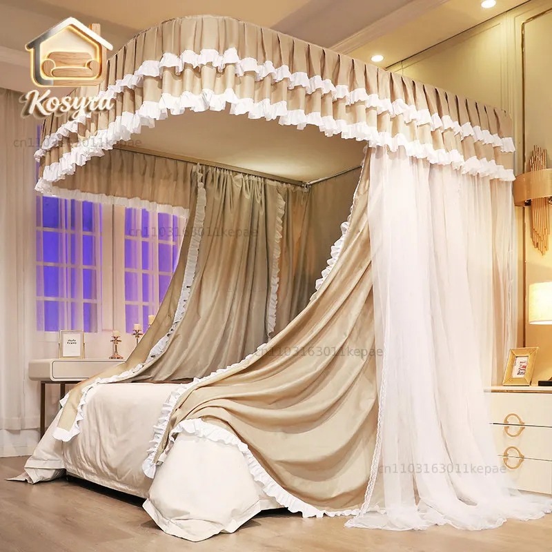 Local tyrant gold manual double-layer blackout curtain guide rail mosquito net three doors bedroom encryption thickened bracket