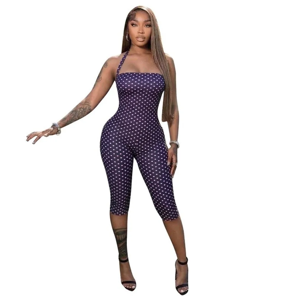 Fashion Halter Neck Off Shoulder Playsuits Sleeveless Skinny Fit Polka Dot Rompers High Waist Bandage Playsuits Street