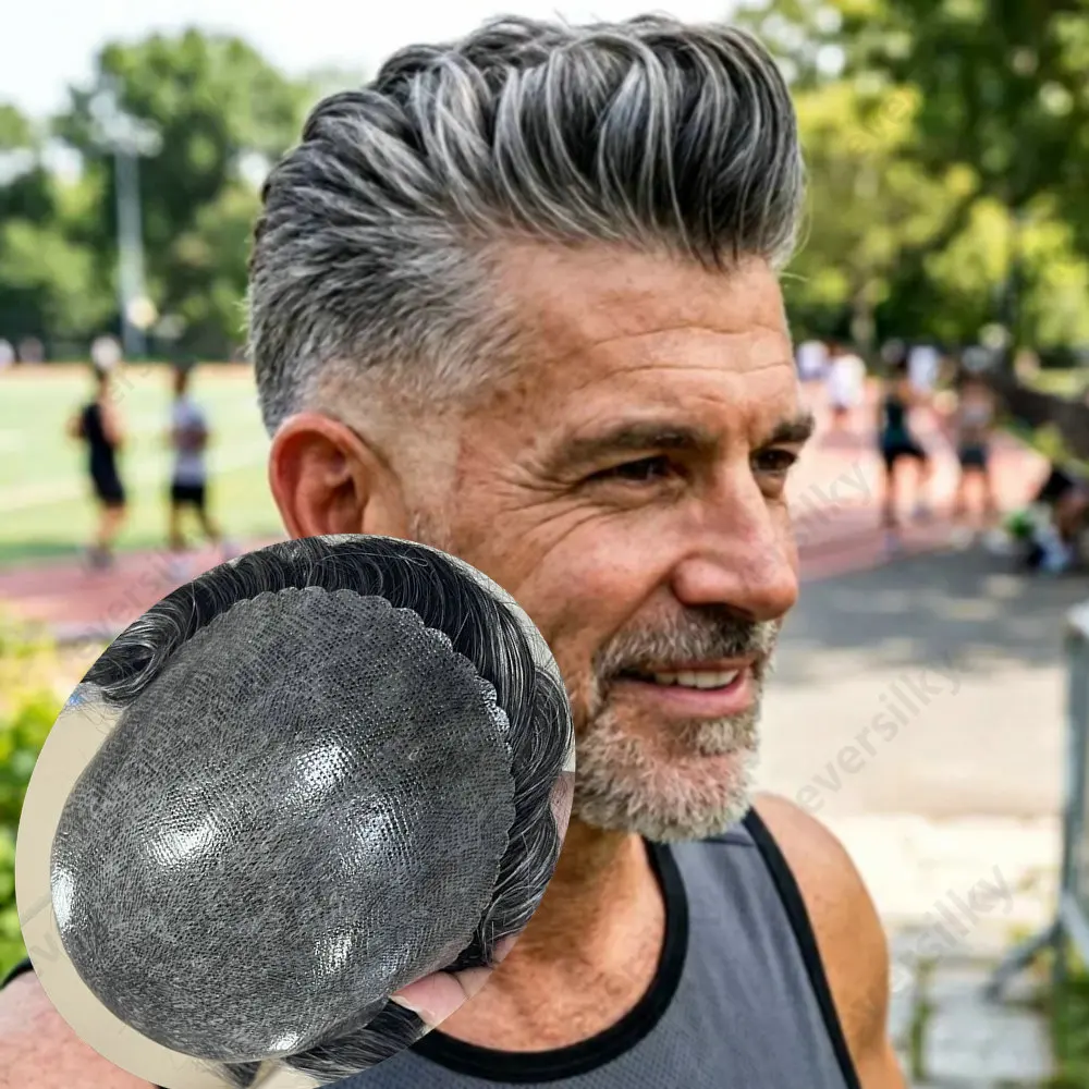 Männliche Haarprothese aus Echthaar, Unsichtbar, Dünne Haut 0,1mm PU-Basis, Herren-Toupet 1b50 1b80 Schwarz Grau, Haarsystem für Männer, Haarteil – Detail 1