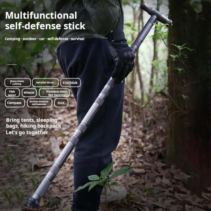 

The sturdy hiking stick is ergonomically designed with a T-shaped handle adjustable length and multiple functions