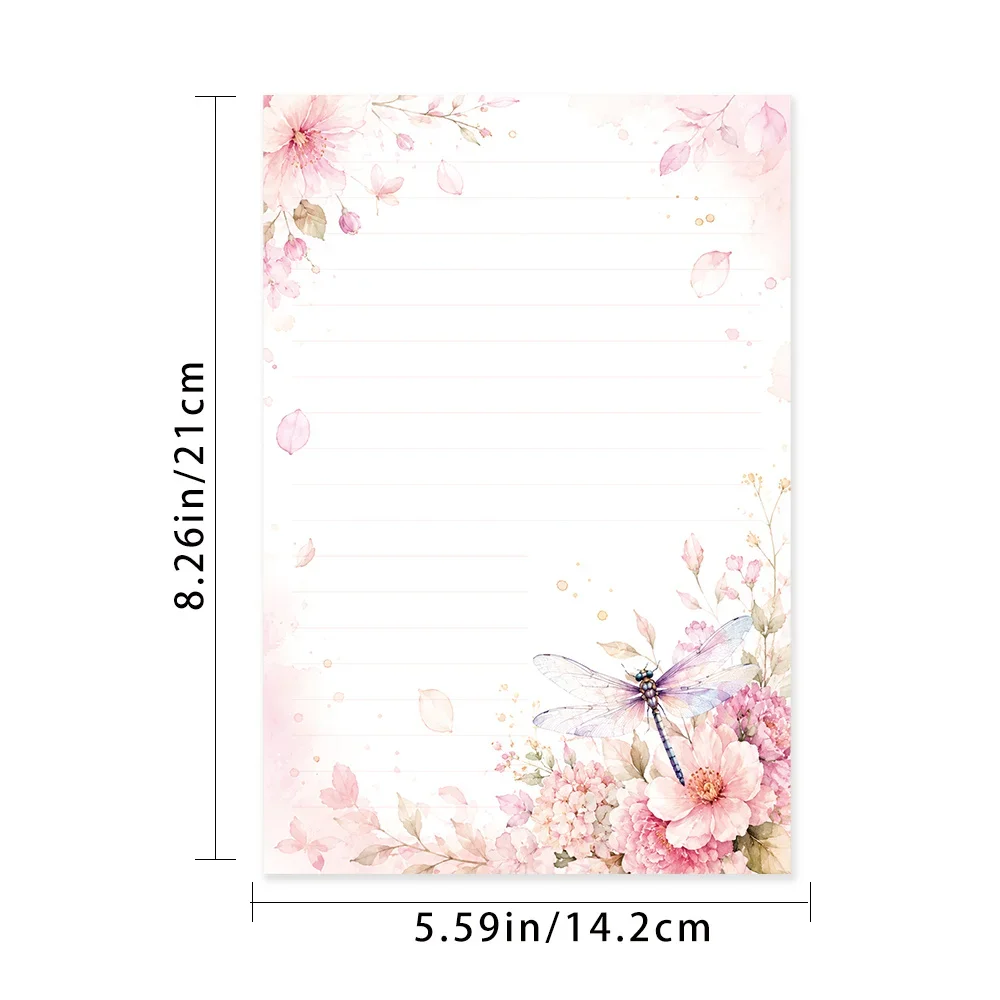 50 Sheets,Light Pink Floral Dragonfly -themed Writing Paper, Lined, Glue-free, Perfect For Notebooks, Memos, And Stickers