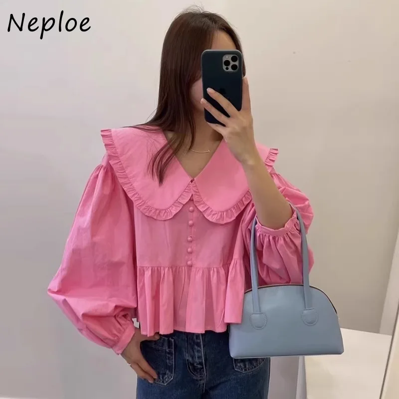 Neploe Korean Sweet Lapel Neck Shirts Women 2024 Spring New Loose Fungus Blusas Mujer Y2k All-match Puff Sleeve Blouses