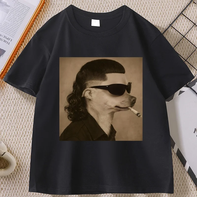Funny Mullet Dog T-Shirt Men Women Smoking Dog Tee Cool Retro Animal T-Shirts Unisex Cotton Round Neck Printed Tshirts Clothes