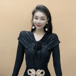 French Style Fashionable and Elegant Heavy Industry Sequin Three-dimensional Flower Long Sleeved Shirt Women's New Style Small