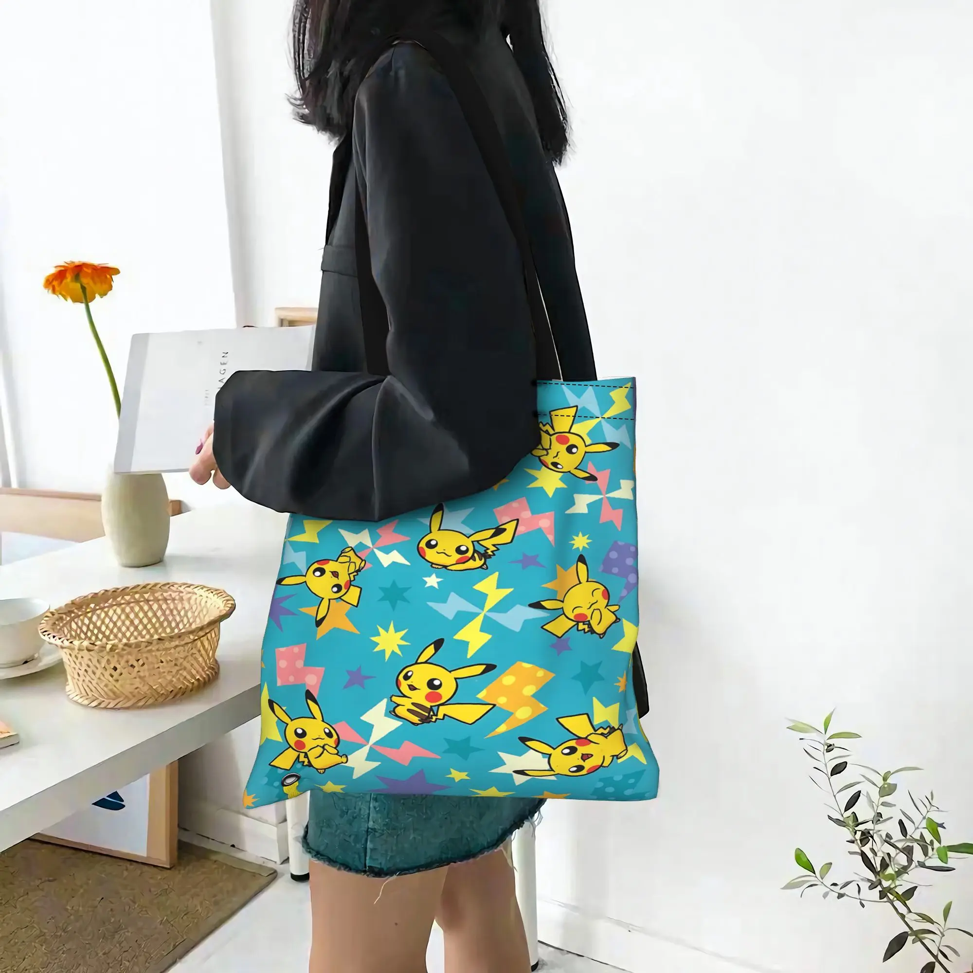 Customized Pokemon Pikachu Star Pattern Art Print Women's Bag Shopping Bag Reusable Double Sided Canvas Tote Bag Shoulder