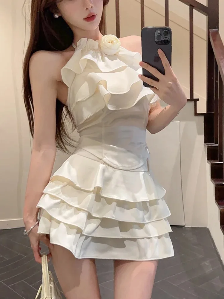 Korean Sexy Off Shoulder Women's Mini Skirt Two Piece Set New Women Apricot Hanging Neck Tank Top Short Cake Half Body Set Skirt