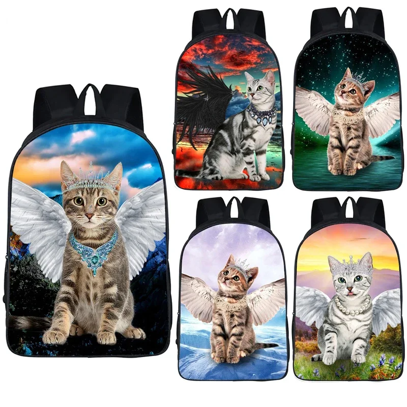 Kawaii gato preto branco anjo asa impressão mochila crianças sacos de escola adolescente mochilas de armazenamento meninas meninos sacos de viagem ao ar livre