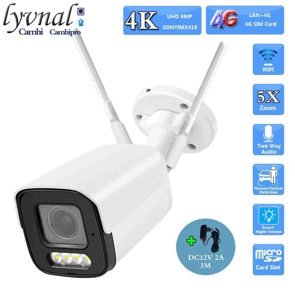 3G 4G SIM Card Sonyimx415 4K 8MP Wireless Security Bullet IP Camera Wifi 5X Zoom Two Way Audio Outdoor IR&Color Night Version