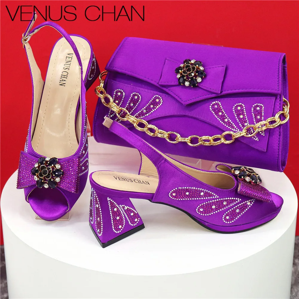 Spring New Purple Flower Decoration Rhinestone Embellishment Party Style High Heels African Women Shoes Bag