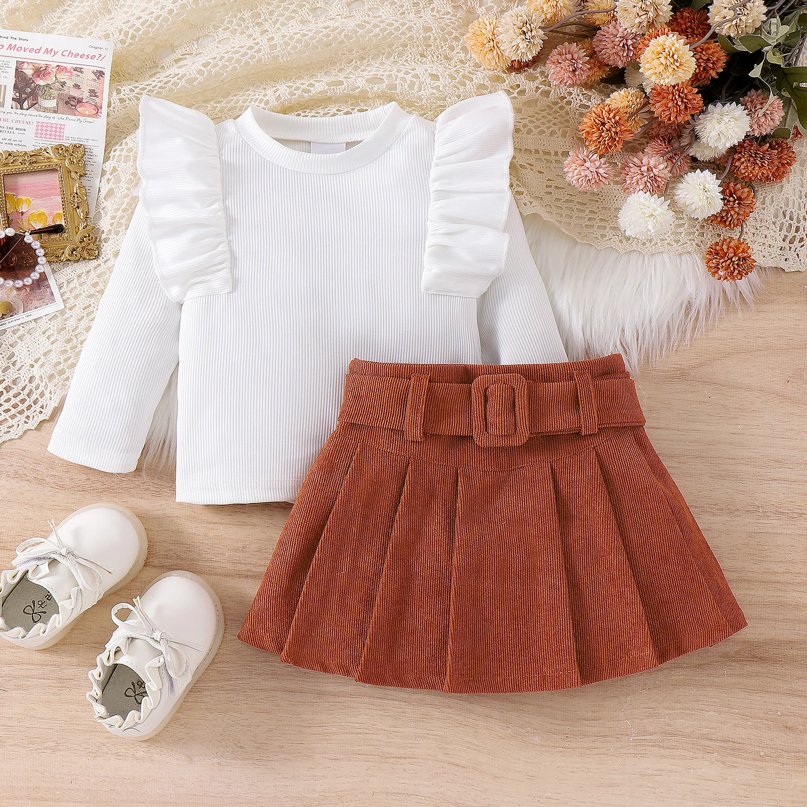 3PCS Autumn 1-4 Year Old Girl Baby Comfortable Fashionable Preppy Style Long-Sleeved Top + Coffee Short Skirt Set