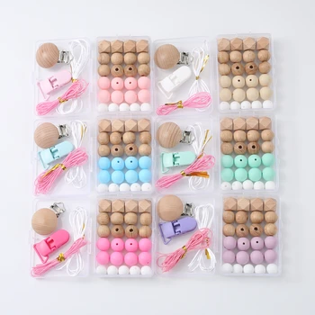 סט אביזרים לשרשרת למוצץ לתינוקות חדשים עבור מחזיק טיטה בעזרת חרוזי סיליקון, קליפסים עץ למוצץ ומשחקי גרירה