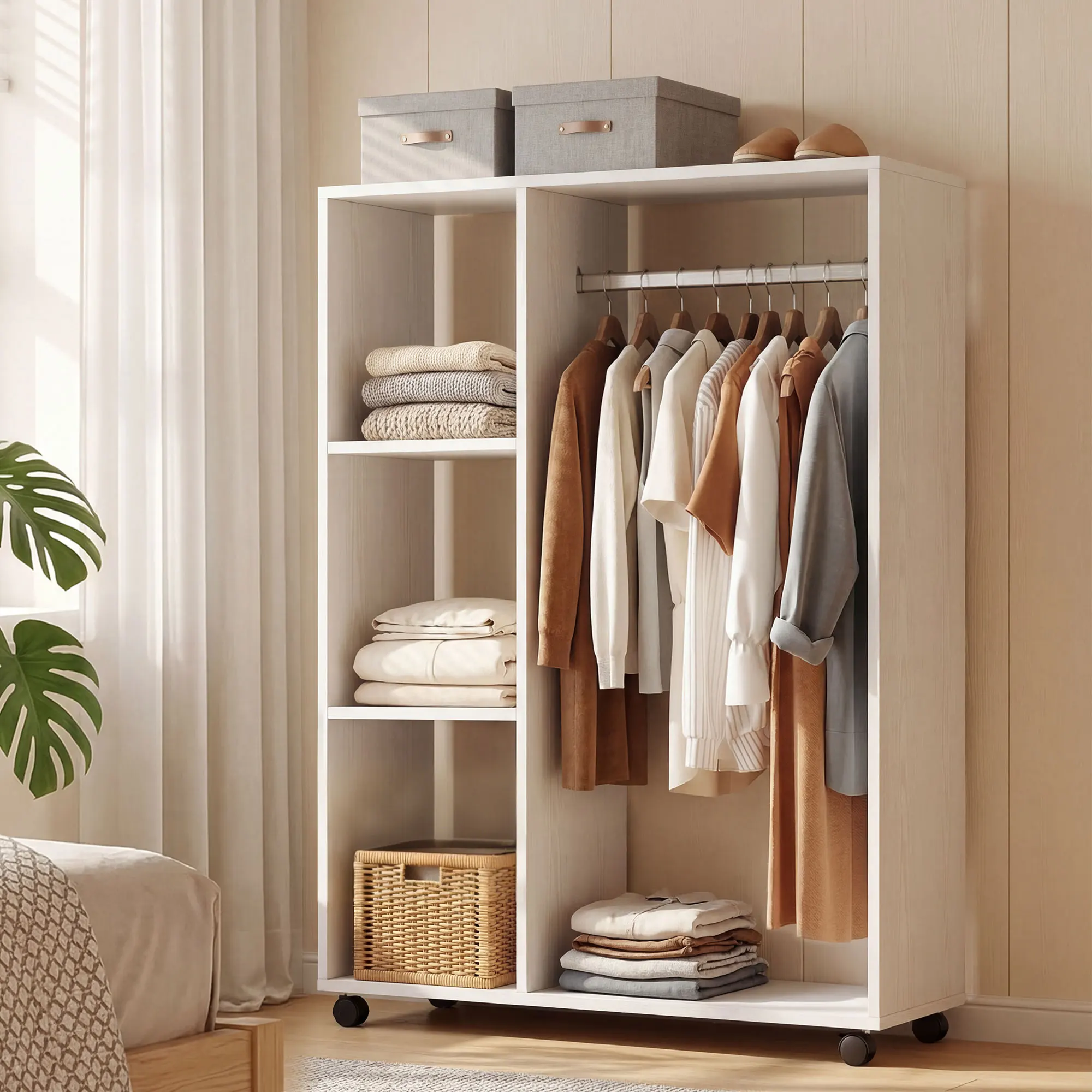 HOMCOM Kleiderschrank auf Rollen, mobile Garderobe, 1 Kleiderstange, 3 Regale, Garderobenschrank, Rollbarer Kleiderständer für Flur, Schlafzimmer, 80 x 40 x 128 cm, Weiß