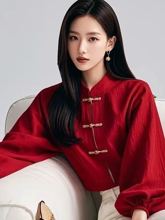 

Red Chinese Style Shirt Women's Lantern Sleeve Button up Top Spring Autumn Seasonal Fashionable Small Shirt National Trend