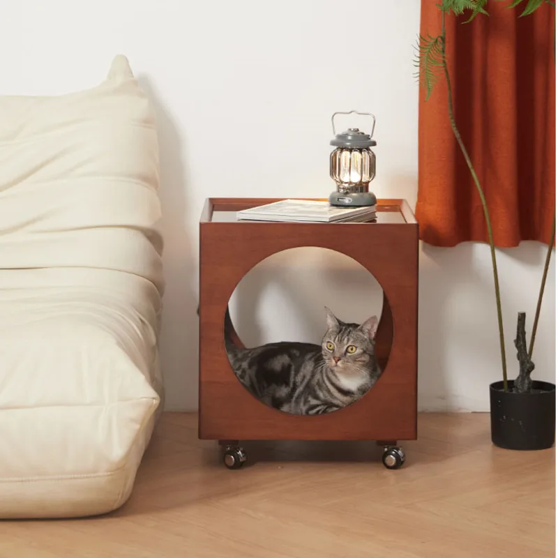 Middle Ancient Style Coffee Table Multifunctional Cat's House Solid Wood Square Cat Supplies Convenient Mobile Room Desk