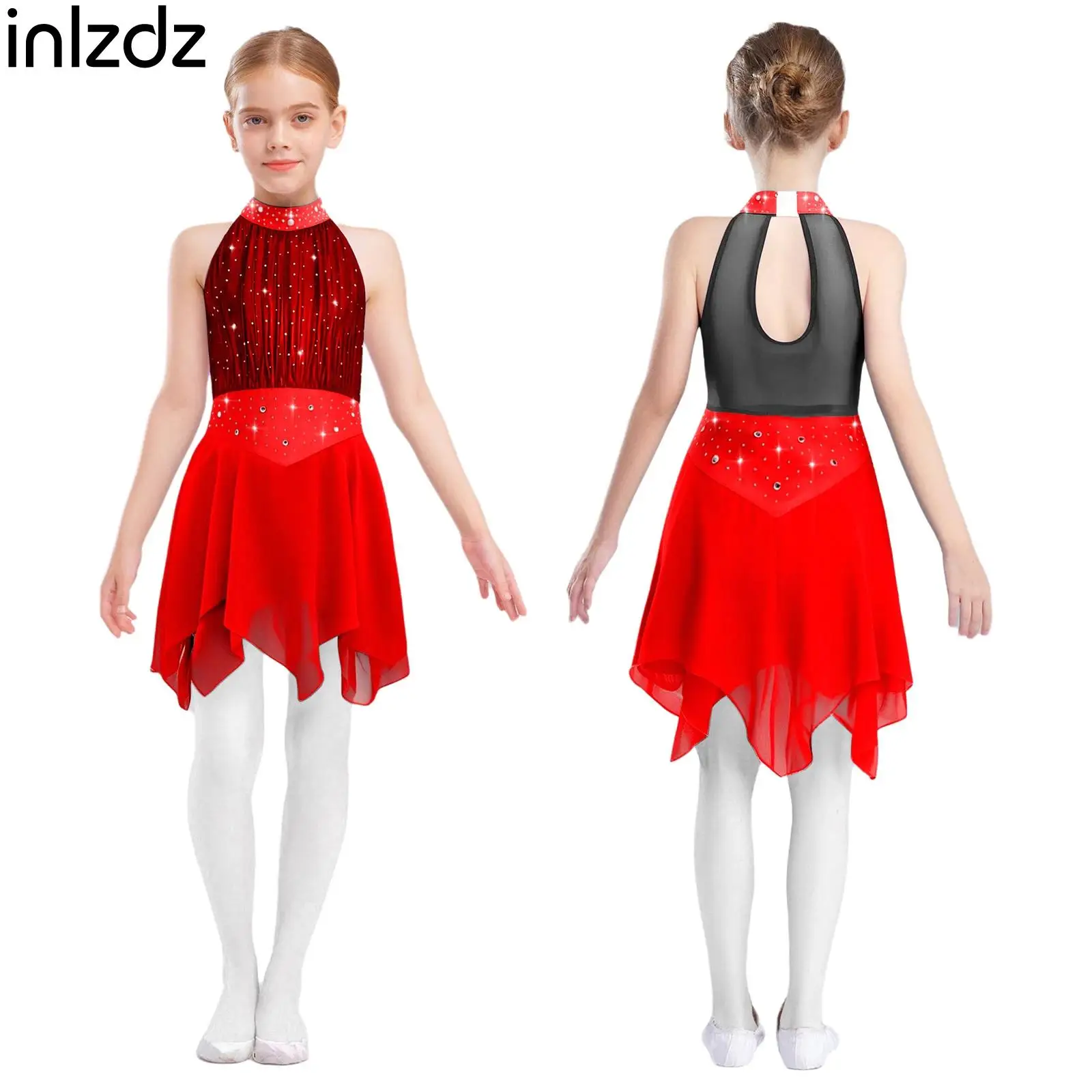 

Kids Girls Figure Ice Skating Lyrical Dance Costume Sleeveless Rhinestones Mesh Bodice Irregular Hem Dress for Performance Party