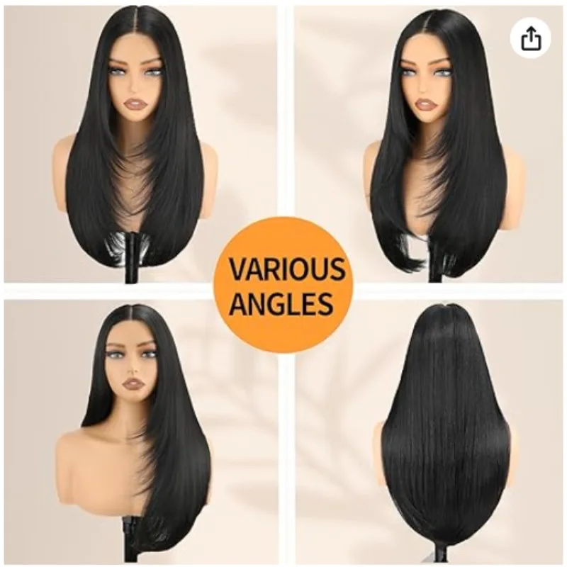 Pruik met synthetische kant, lang recht, met omgedraaide uiteinden, gestreept haar, dames, lijmloos, voorgeplukt, middendeel, hittebestendig