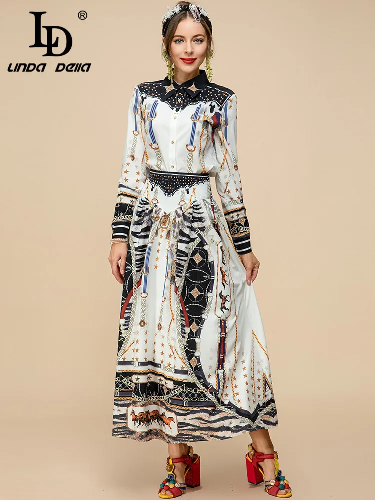 LD LINDA DELLA Spring Runway Fashion Skirt Suit Women Long sleeve Print Shirts + High waist A Line Midi Skirts 2 Pieces Set