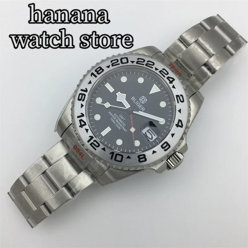 Мужские часы для дайвинга 40 мм GMT NH34A с автоматическим механизмом C3, светящийся черный циферблат, сапфировое стекло, ремешок из нержавеющей стали