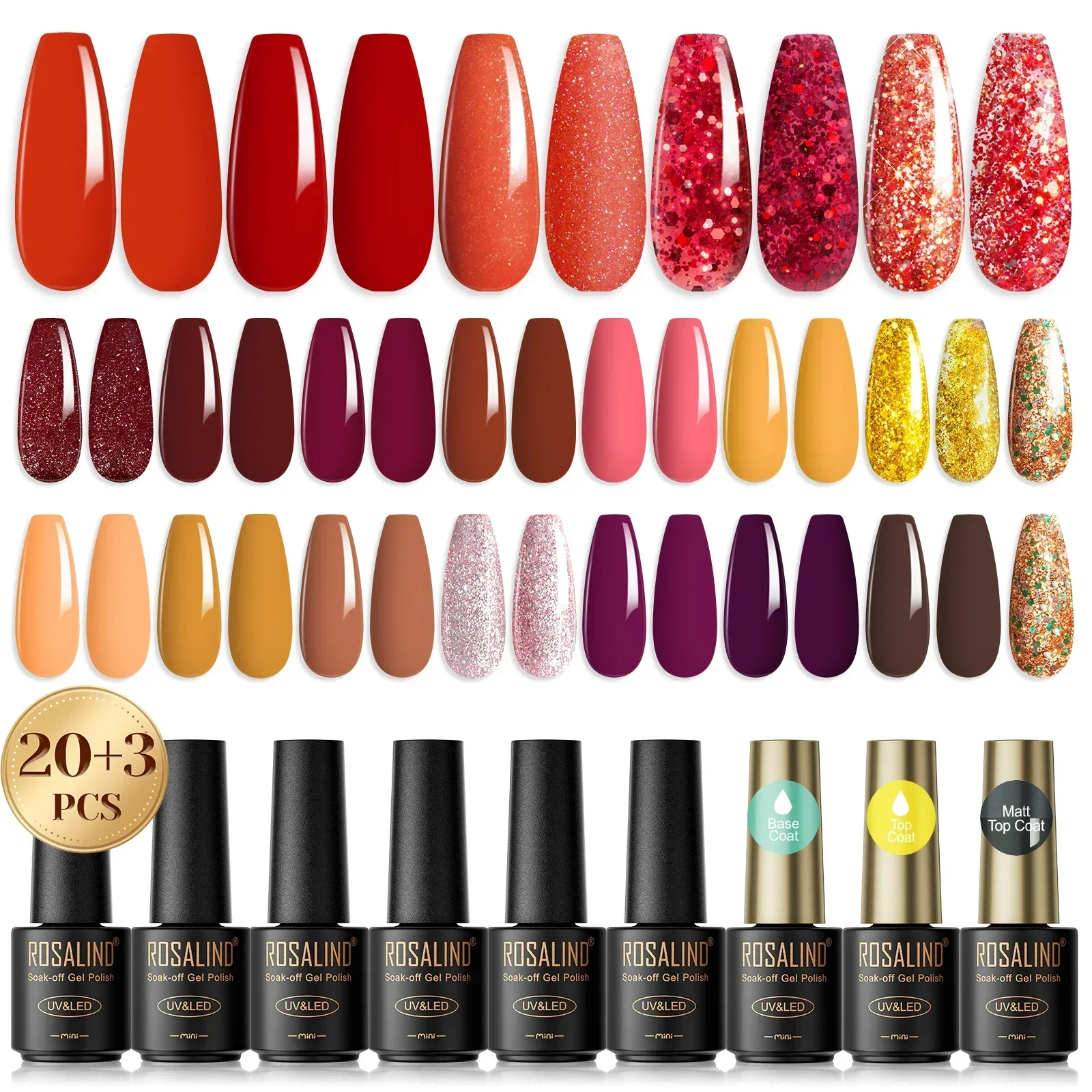 ROSALIND Glitzer-Nagellack-Set, 32/38/48 Stück, UV-Gel für Nagelkunst, Maniküre, Soak Off Gel-Nagellack-Set, Gel-Basis und Decklack