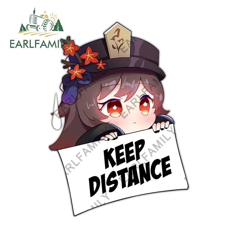 EARLFAMILY 13cm x 9.3cm HuTao Warning Car Sticker Keep Distance Chibi Anime Laptop Motorcycle Decal Waterproof Windows Decor