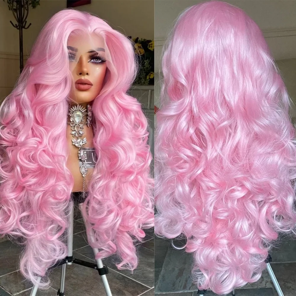 

26 Inch Long Body Wave Synthetic Lace Front Wigs Pink Colored Glueless Wig With Baby Hair Heat Resistant Daily Cosplay Party Wig