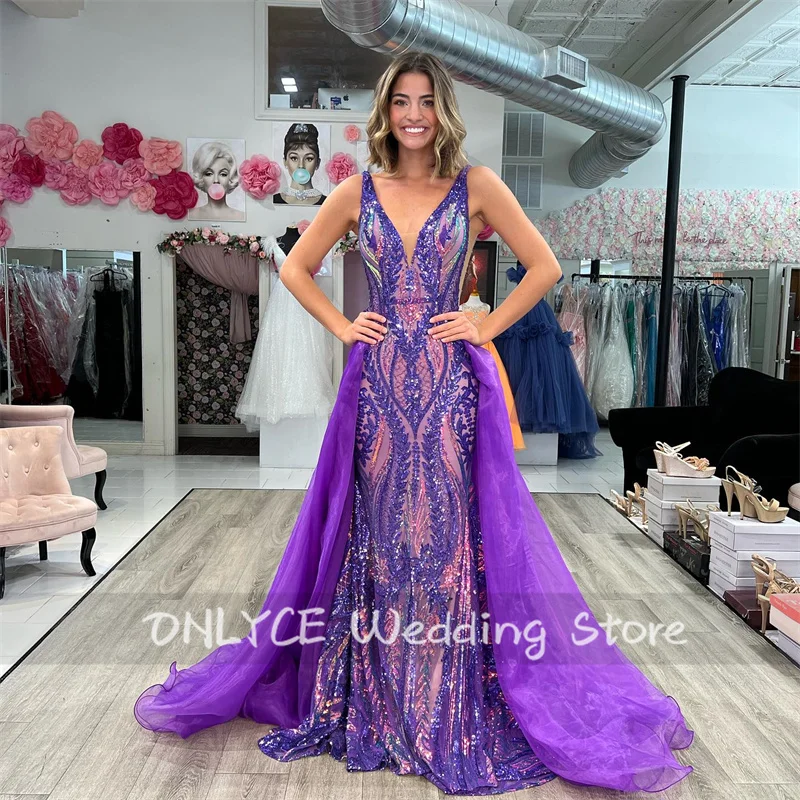 Sparkly Purple Sequins Prom Dresses 2023 With Detachable Train Mermaid Sequined Evening Gowns Vestidos Robes De Soirée