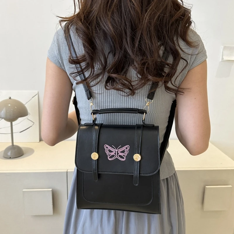 

Fashion Embroidery Butterfly Backpack Women Student PU Leather School Bookbag Teen Girl Large Capacity Travel Crossbody Rucksack