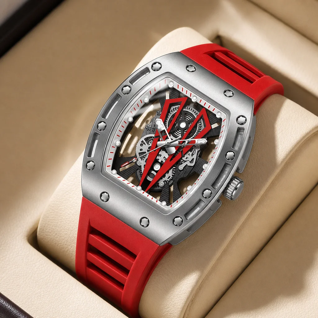 

1pcs Men's red dial silicone strap vintage fashion tonneau case skeleton sporty details Quartz Watch for daily business party ho