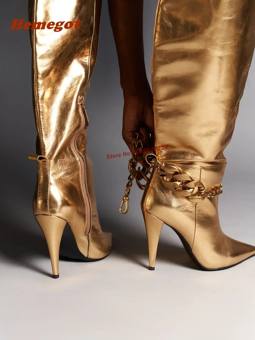 Gold Chain Glossed Leather Boots Pointy Toe High Heels Side Zipper Winter Knee Boots Female Solid Newest Fashion Shoes Sexy 2024
