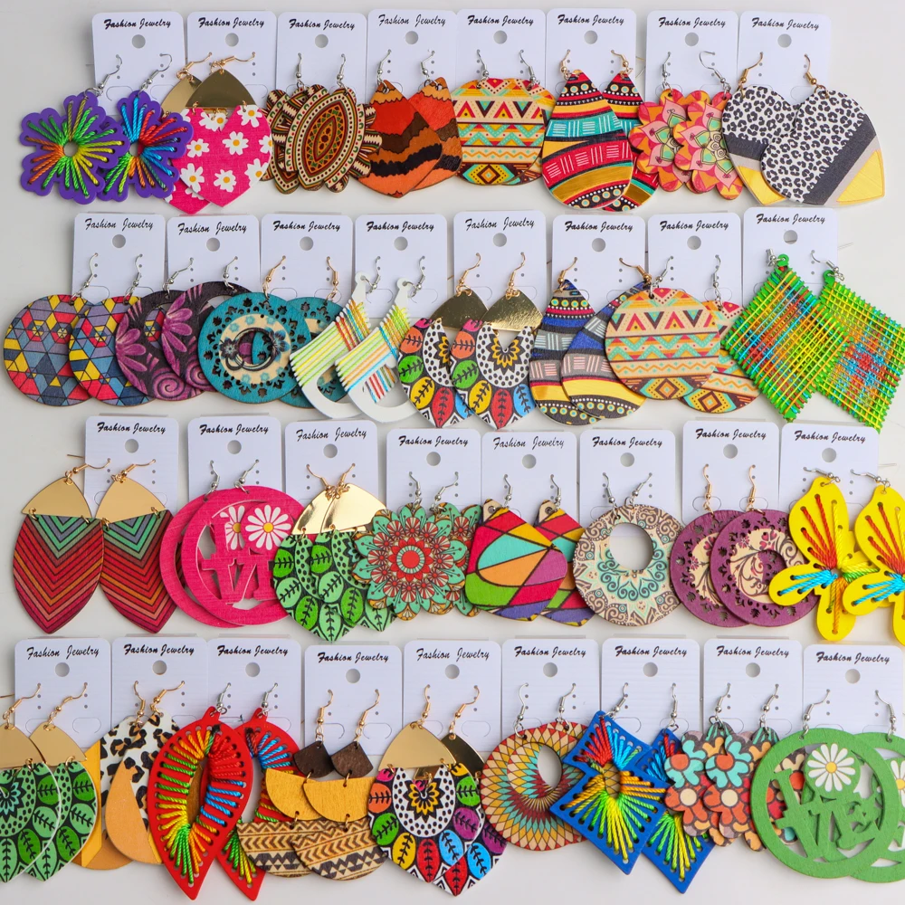 10 زوج/وحدة موضة العرقية طباعة هندسية خشبية أقراط المرأة أنيقة ريترو للهدايا عطلة مجوهرات اكسسوارات الحفلات #3