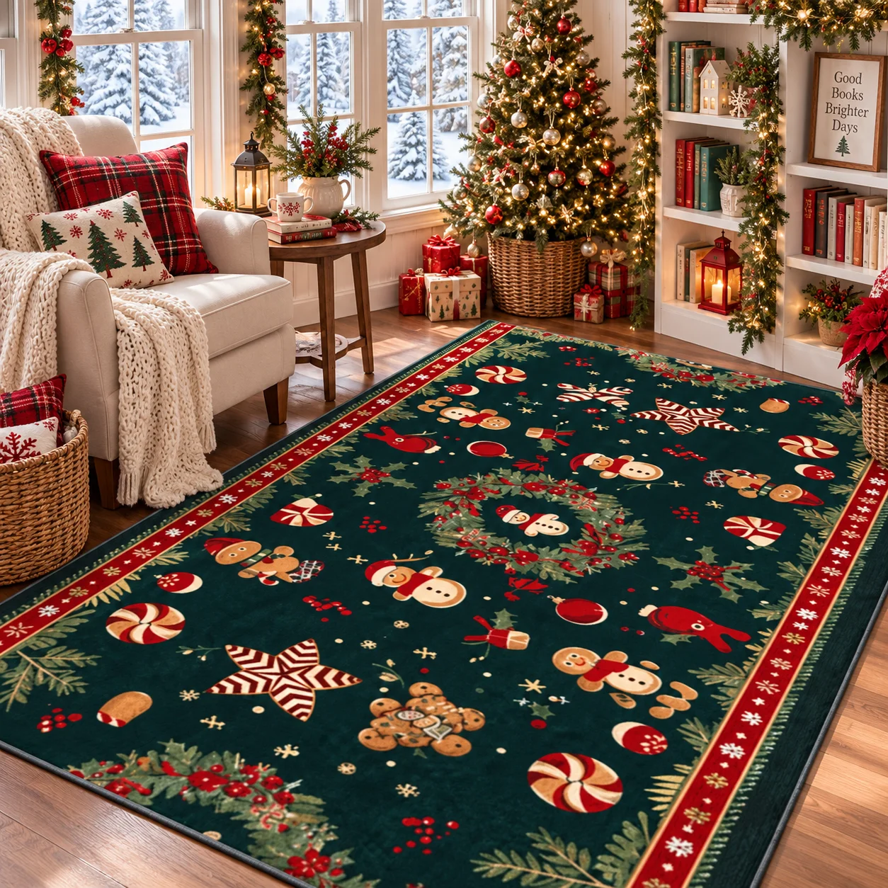Red Green Christmas Gingerbread Man Reindeer Snowflake Area Rug Tech Fabric Diatom Mud Vintage Border Floor Carpet Living Room Bedroom Holiday Home Decor Festive Winter Design Sofa Coffee Table Christmas Party Decoration Seasonal Room Accent