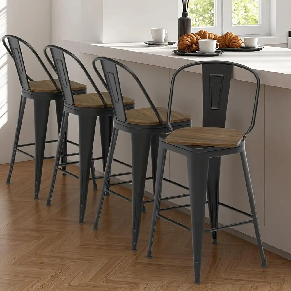 

Set of 4 Industrial-Style Swivel Bar Stools with High Back, Sturdy Metal Legs for Kitchens, Cafes, and Restaurants, Black