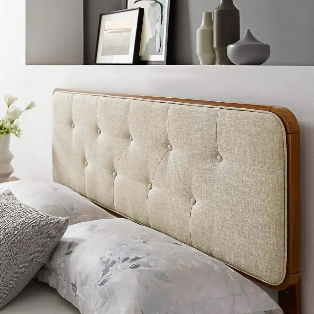 

Collins Tuted Queen Upholstered Bed in Walnut Beige Fabric and Wood Board