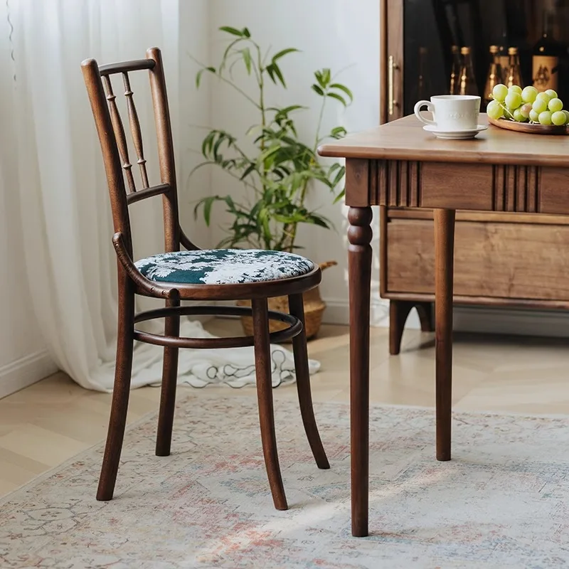 Harajuku forest solid wood dining chair retro green soft bag stool backrest national style medieval fabric dressing chair