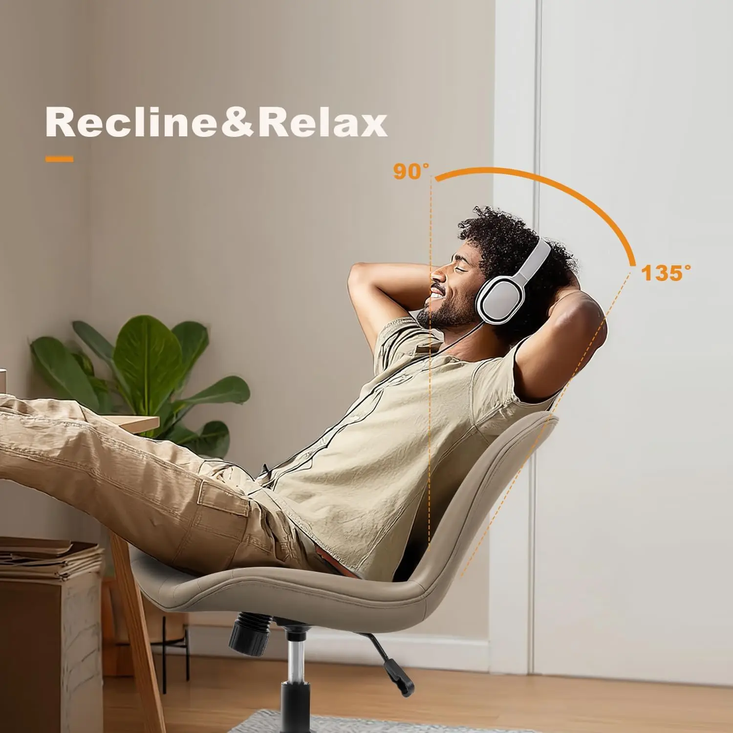 كرسي مكتب، كرسي مهام دوار مريح قابل للتعديل مع عجلات، مبطن بالجلد الصناعي، كاكي #6