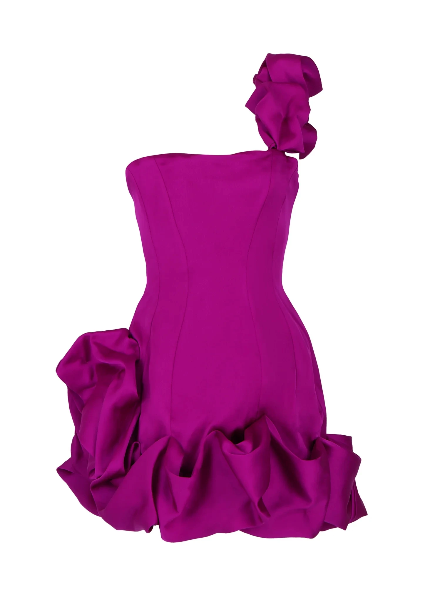 Fashion Fuchsia Stretchy Satin Short Cocktail Dresses One Shoulder Ruched Bottom Sexy Mini Women Maxi Dress To Birthday Party