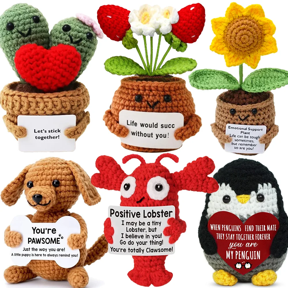 Positive Energy Crochet Doll Pocket Hug Handmade Knitted Plush Potato Plant Avocado Bee Turtle Duck Funny Emotional Support Gift